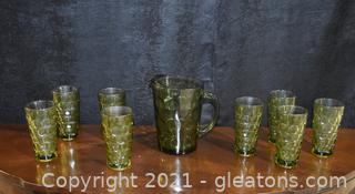 Hazel Atlas Green Glass Dot Pitcher and Eight Ice Tea Glasses 